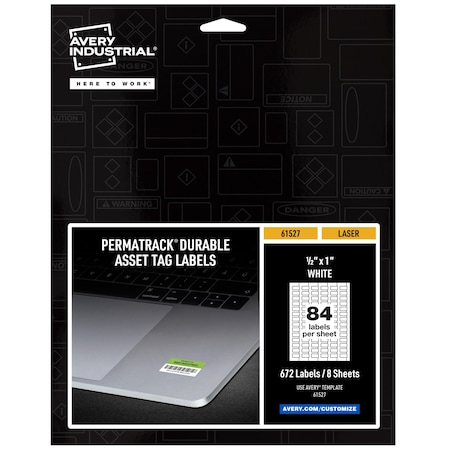 Avery Durable White Asset Tag Labels, La, PK672, Film, 9.44 in W, 1/2" x 1" Dia., White, Rectangle, 672 PK 61527