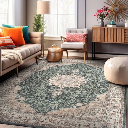World Rug Gallery Traditional Oriental Medallion Washable Non Slip Area Rug 5 ft x 7 ft Green WR84GREEN5X7