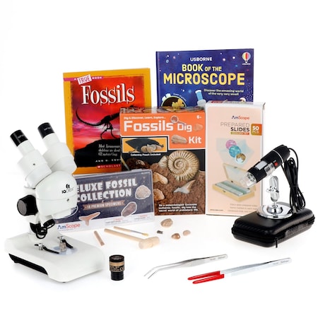 Amscope Kid's Fossil Explorer Set featuring Deluxe All-In-One Stereo Microscope, Fossil Dig Kit, 18-Piece Pre KVB-FOS-122-EXP