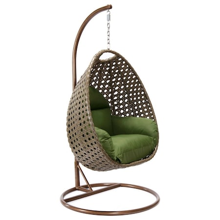 Leisuremod Beige Wicker Hanging Egg Swing Chair with Dark Green Cushions ESCBG-40DG