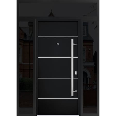 Vdomdoors Steel Door Deux 6083 Black Enamel 2 Sidelight and Transom Window Sidelite Stainless Inserts Entry D DEUX6083EXD-BLK-W16+36+16 x H80+16-LH-I