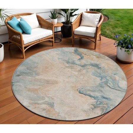 Homeroots 8' Teal Blue Coral And Ivory Round Abstract Washable Indoor Outdoor Area Rug 617586