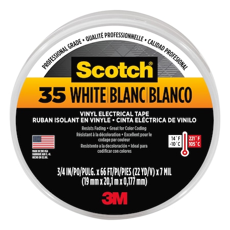 Scotch #35 Electrical Tape, , 0.75 in x 66 ft x 7 mil, White, 10/case, 10PK 10828-DL-2W