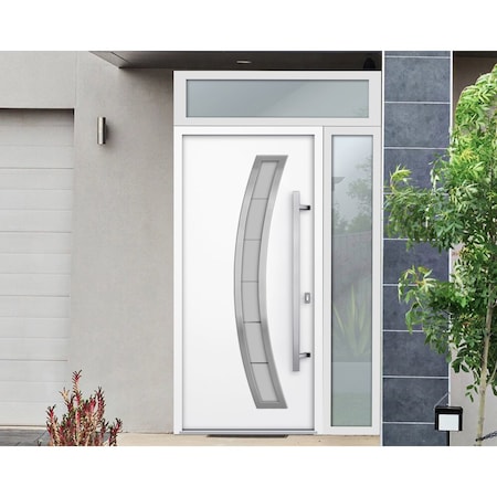 Vdomdoors Steel Door Deux 6500 White Sidelight and Transom Window Stainless Inserts Single Modern Painted-W36 DEUX6500EXD-WS-W36+14 x H80+16-Left-hand Inswing