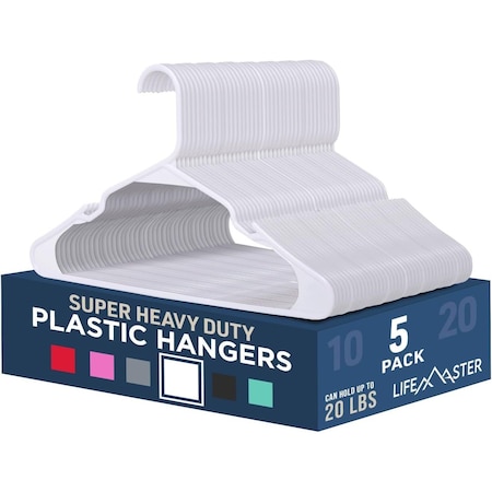 Lifemaster Heavy-Duty Plastic Hangers, Non-Slip, Space-Saving, Holds 5 lbs, White, 5PK LMPLCWH5