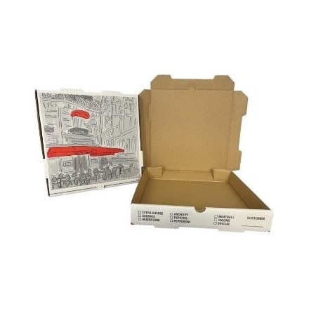 Nemco 14" Cafe Stock Print Pizza Box White / Kraft , E Flute 300436