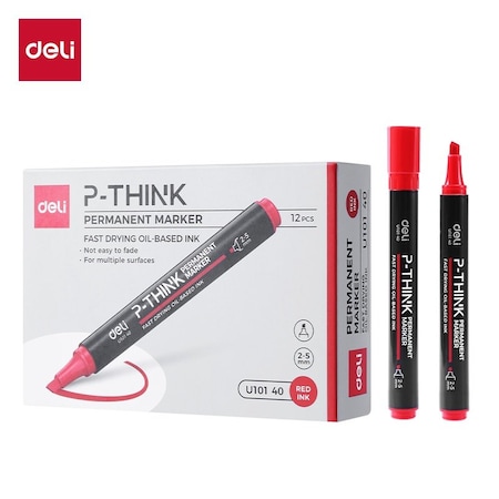 Deli THINK Permanent Marker, Chisel Tip, Red, Waterproof, 12PK EU10140