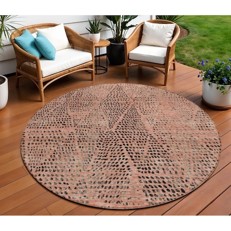 Homeroots 8' Salmon Charcoal And Beige Round Geometric Washable Indoor Outdoor Area Rug 577591