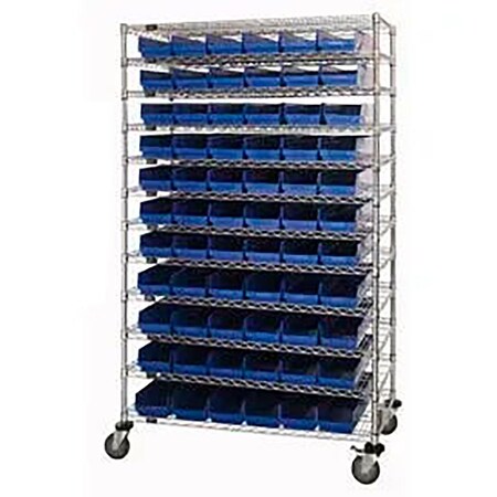 Global Industrial Chrome Wire Shelving with 88 4"H Plastic Shelf Bins Blue, 60x24x74 269048BL