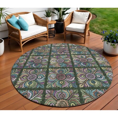 Homeroots 8' Fern Green Purple And Teal Blue Round Medallion Washable Indoor Outdoor Area Rug 589268
