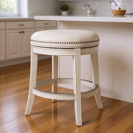 Homeroots 26" Bone and Antiqued White Fabric and Solid Wood Backless Counter Height Swivel Bar Chair 632389