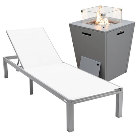 Leisuremod Marlin Modern Grey Aluminum Outdoor Patio Chaise Lounge Chair, Square Fire Pit Side Table, White MLGRCF21-77W