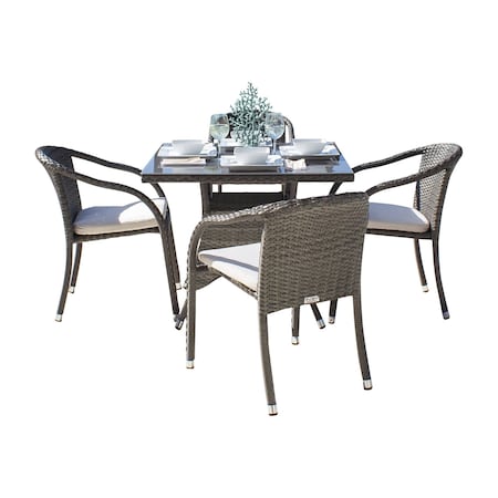 Hospitality Rattan Patio Ultra 5-Piece Stackable Woven Armchair Dining Set with Cushions 890-1147-GRY-5DA-CUSH