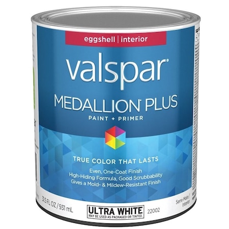 Valspar Medallion Plus 2200 Latex Paint, Acrylic Base, Eggshell Sheen, Ultra White Base, 1 qt 028.0022002.005