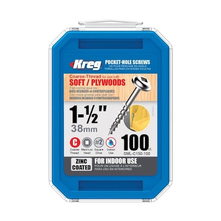 Kreg No. 8 X 1-1/2 in. L Square Zinc-Plated Coarse Pocket-Hole Screw 100 pk SML-C150 - 100