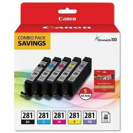 Canon CLI-281 ChromaLife100 Ink/Paper Combo, Black/Blue/Cyan/Magenta/Yellow 2091C006