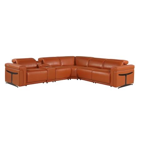 Homeroots Camel Italian Leather Modular L Shaped Six Piece Corner Sectional With Console 534859