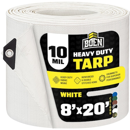 Boen Heavy Duty Tarp, 8 ft x 20 ft, 10 Mil, White, Polyethylene WT-820