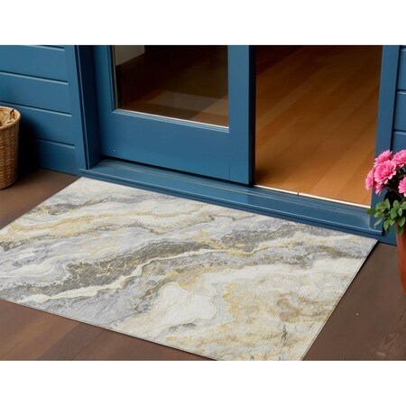Homeroots 3' X 5' Gold And Silver Abstract Washable Indoor Outdoor Area Rug 618424