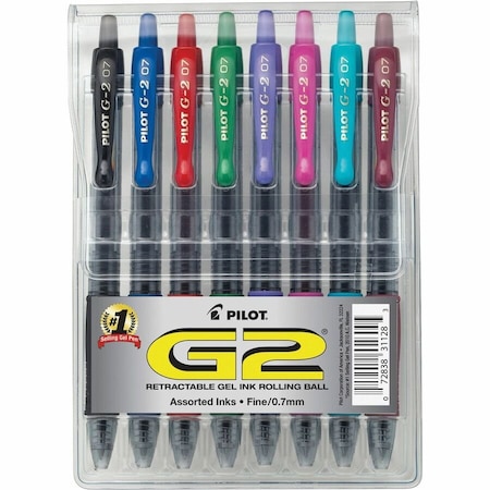 Pilot G2 Gel Retractable Rollerball Pen, Fine, 0.7mm, Assorted Ink, 8/Pack 31128