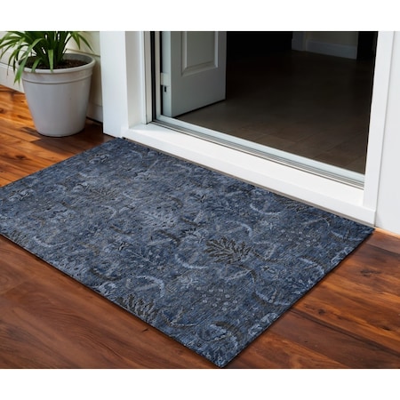 Homeroots 3' X 5' Navy Blue And Charcoal Damask Washable Indoor Outdoor Area Rug 603323
