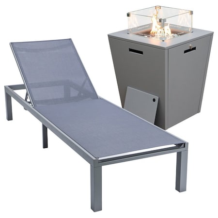 Leisuremod Marlin Grey Aluminum Patio Chaise Lounge Chair with Square Fire Pit Table, Dark Grey MLGRCF21-77DGR