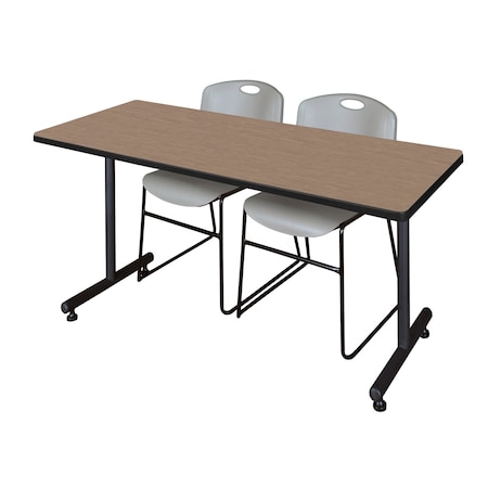 Regency Kobe T-Base Training Seminar Table W/ 2 Zeng Stack Chairs, 72 in W, 30 in L, Noble Oak MKTRCT7230NO44GY