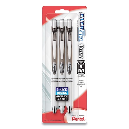 Pentel EnerGel Pearl Gel Pen, Retractable, Medium 0.7 mm, Black Ink, White/Black Barrel, 3PK BL77WBPS3A