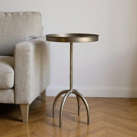 Homeroots 23" Brass Distressed Iron Round Pedestal Tray Top End Table 605363