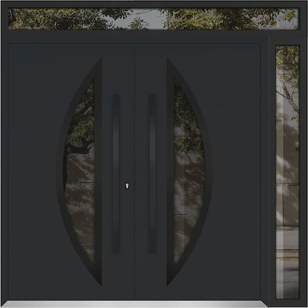 Vdomdoors Metal Double Doors Deux 6501 Black Enamel Opaque Black Glass 1 Sidelight and Top Transom Entry Mode DEUX6501DEXD-BLK-W72+12xH80+16-LH-I