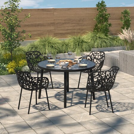 Leisuremod Devon Tree Design Glass Top Aluminum Base Indoor Outdoor Dining Table, Black DT48BL