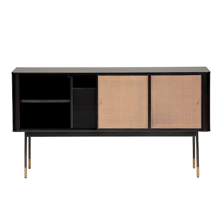 Homeroots 59in Black And Natural Wood Two Drawer Sideboard with Two Sliding Doors 544712