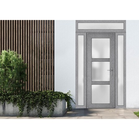 Vdomdoors Front Exterior Prehung FiberGlass Door Frosted Glass / Manux 8552 Grey Ash / 2 Sidelight and Transo MANUX8552EXD-SS-W14+36+14 x H80+14-RH