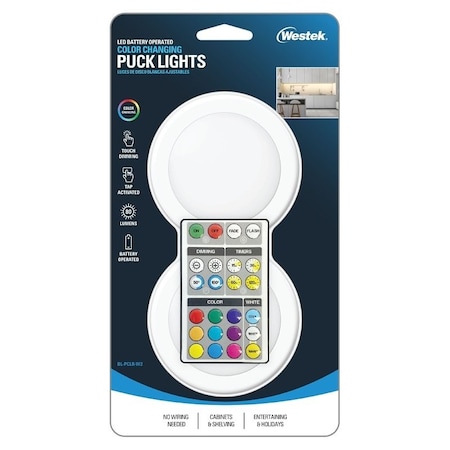 Westek Color-Changing Adjustable Puck Light, AA Battery, LED Lamp, 80 Lumens, White BL-PCLR-W2