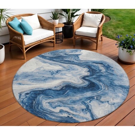 Homeroots 8' Navy Blue And Silver Round Abstract Washable Indoor Outdoor Area Rug 618336