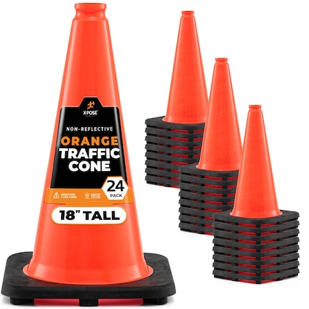 Xpose Safety Traffic Safety Cone, 18 in, PVC Plastic, No Collar, DOT Approved, Orange, 24 pk OTC18-24-X