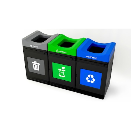 Commercial Zone Products Avante Series Triple Stream Black Trash/Recycling/Composting 55 gallon Containers w/ Open Top 787301MSA