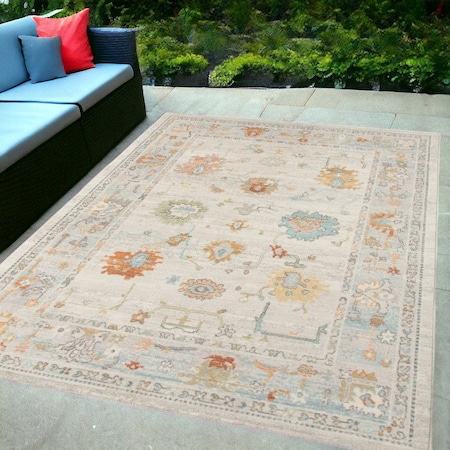 Homeroots 5' X 7' Blue and Orange Floral Stain Resistant Indoor Outdoor Area Rug 531489