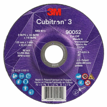 3M Cubitron Abrasive Cut-Off Wheel, Type 27, 5 in Dia, 0.04 in Thick, Precision Shaped Ceramic, 60+ Grit 90052