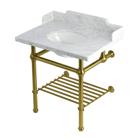 Kingston Brass 30-Inch Carrara Marble Console Sink with Brass Legs and Shelf, 8-Inch, 3-Hole LMS3030MBB7