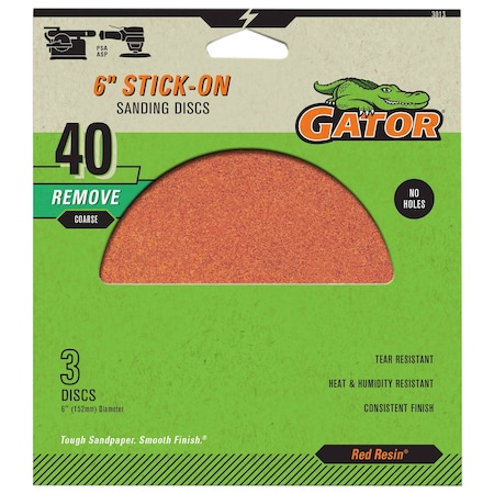 Gator Finishing Red Resin 6 in. Stick-On Sanding Discs, 40 Grit, Coarse, 3PK 3013