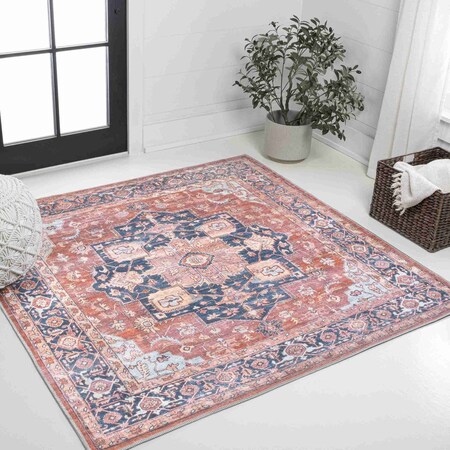 Jonathan Y Maris Ornate Medallion Non-Slip Machine-Washable Terracotta/Navy 8 ft Square Area Rug WSH109A-8SQ