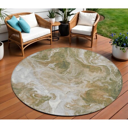 Homeroots 8' Brown And Ivory Round Abstract Washable Indoor Outdoor Area Rug 617790