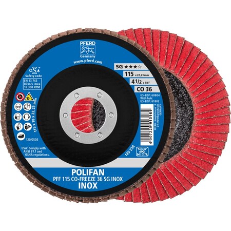 Pferd 4-1/2'' x 7/8'' A.H. POLIFAN Flap Disc - CO-FREEZE SG INOX, Ceramic oxide, 36 Grit, Flat 60804