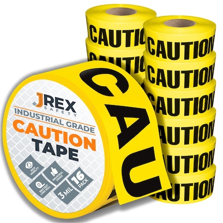 Jrex Safety Caution Tape Roll - 3 Mil - 1000 Ft x 3 Inch Wide Each - Yellow, 16PK PCT-JR-3M-16PK