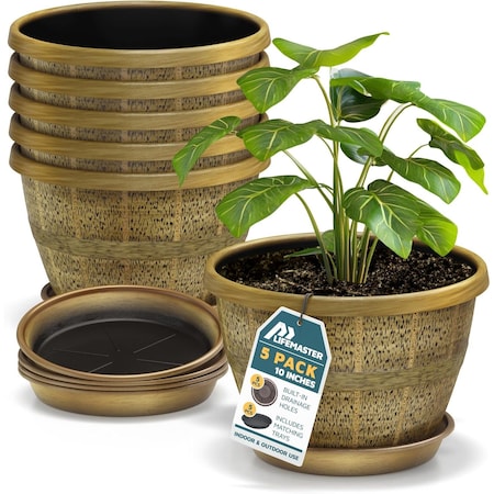 Lifemaster 10-Inch Whiskey Barrel Planters, Durable Plastic Pots with Drainage and Saucers, 5PK LMPBP5GOD5