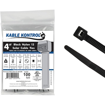 Kable Kontrol Nylon 12 Solar Cable Ties, 4in Long, 18 lbs Tensile Strength, Black, 100PK CTN12-04-18-100-BK