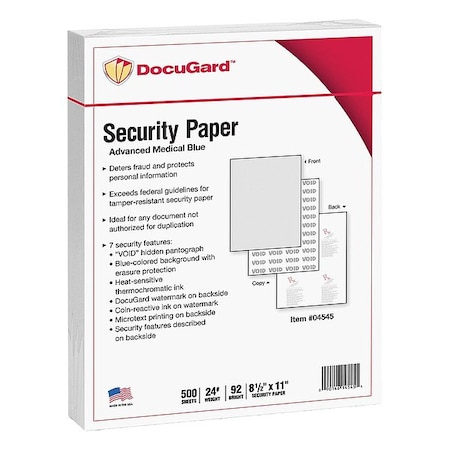 Docugard Medical Security Paper, 11" L, Blue, PK500 04545
