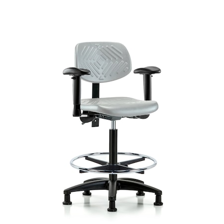 Blue Ridge Ergonomics Poly Chair-High Bench Height with Seat Tilt, Adj Arms, Chrome Foot Ring, &Stat Glides in Gray Poly PHBCH-RG-T1-A1-CF-RG-GRY