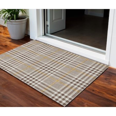 Homeroots 3' X 5' Brown And Beige Plaid Washable Indoor Outdoor Area Rug 601464